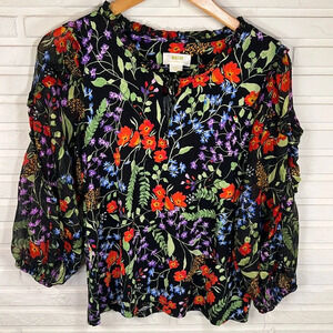 Maeve Black Floral Metallic Mixed Media Balloon Sleeves Top, Women’s Size Small
